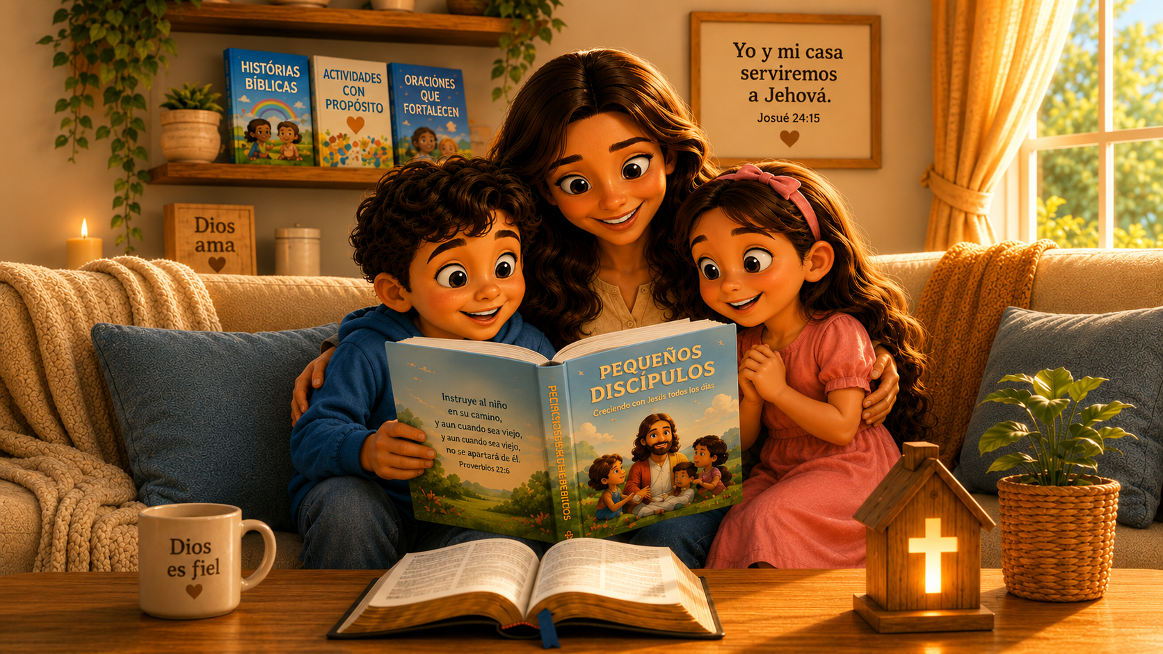 Familia cristiana leyendo el libro Pequeños Discípulos juntos en casa