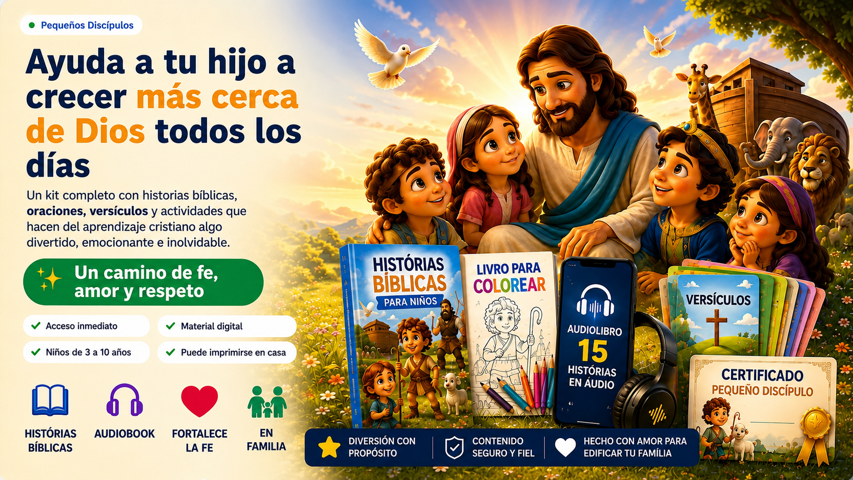 Pequeños Discípulos — Jesús con los niños y el kit cristiano infantil completo